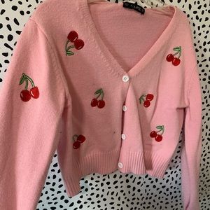 pink sweater/cardigan with cherries